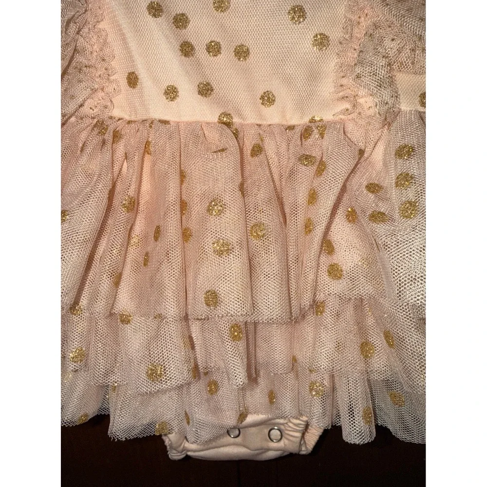 Marie Nicole Clothing Baby Girl Gold Polka Dot Tulle Tutu Romper Peach 3-6M